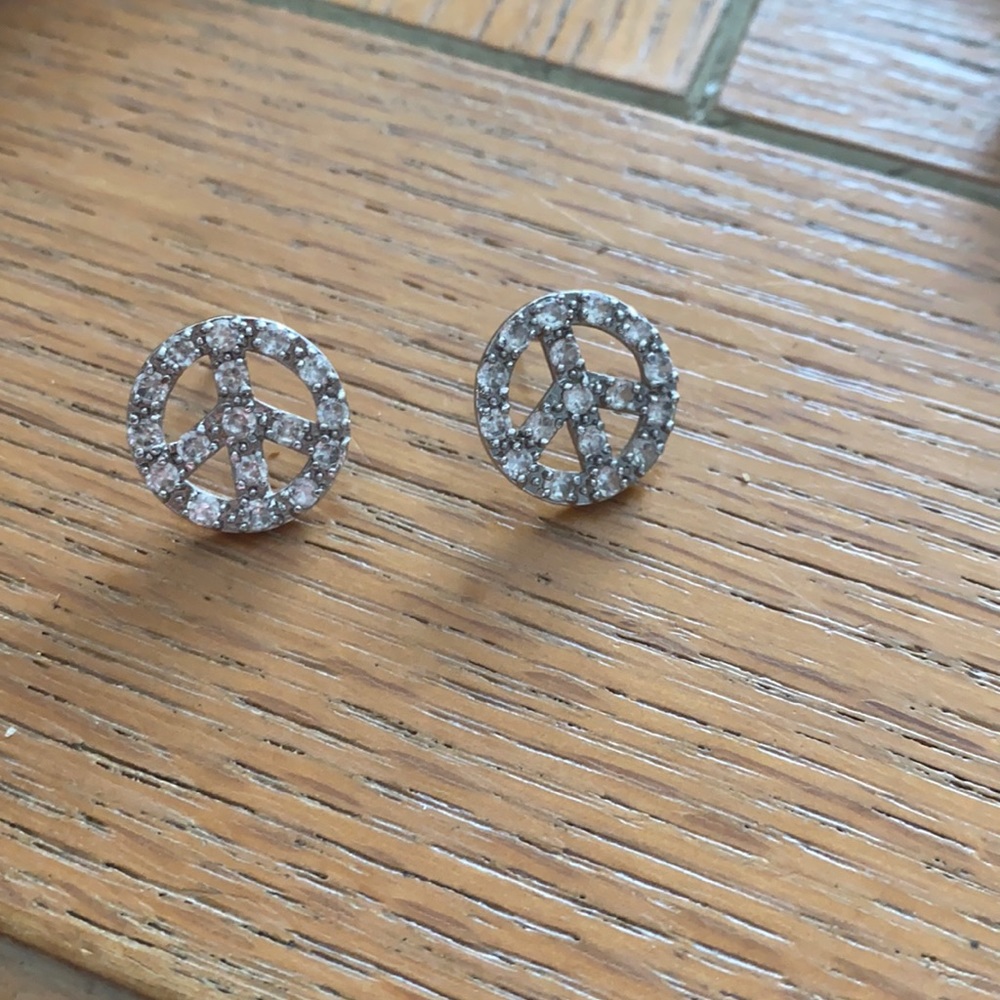 Jeweled Sterling Silver Peace Sign Stud Earrings